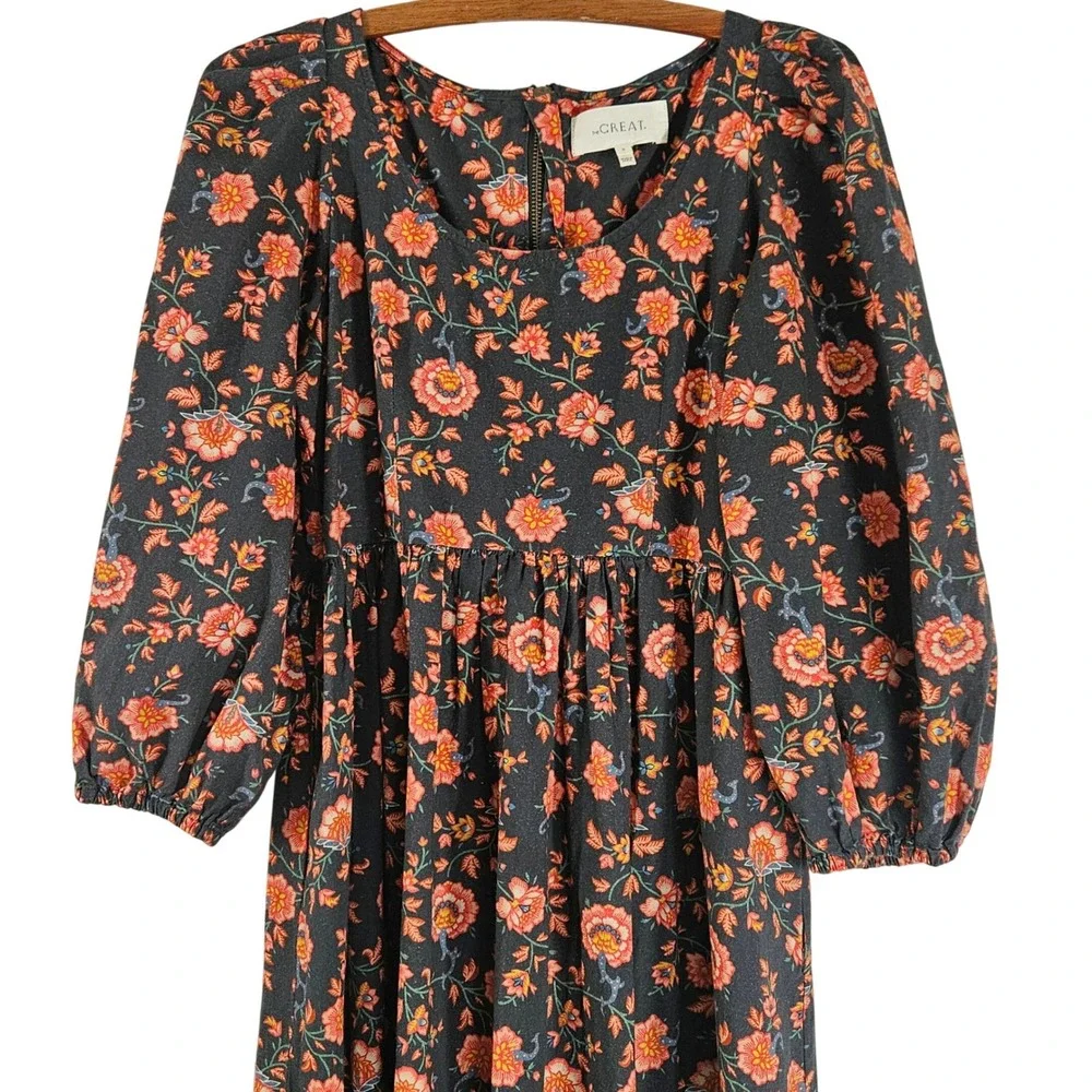 The GREAT. Floral Midi Dress Puff Sleeve Empire Waist Black Orange Size 0‎